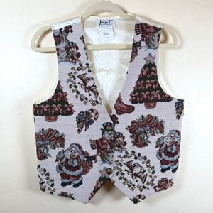 VTG 90s Jaclyn T Christmas Tapestry Vest Women Medium Santa Holiday Wreath Trees
